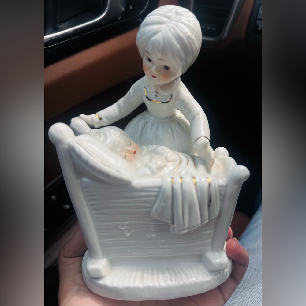Vintage White Porcelain Mother and Baby Figurine with Gold Accents